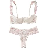 SweatyRocks Women's Lingerie Set Floral Lace Ruffle Shoulder Bra and Panty Underwear Sets