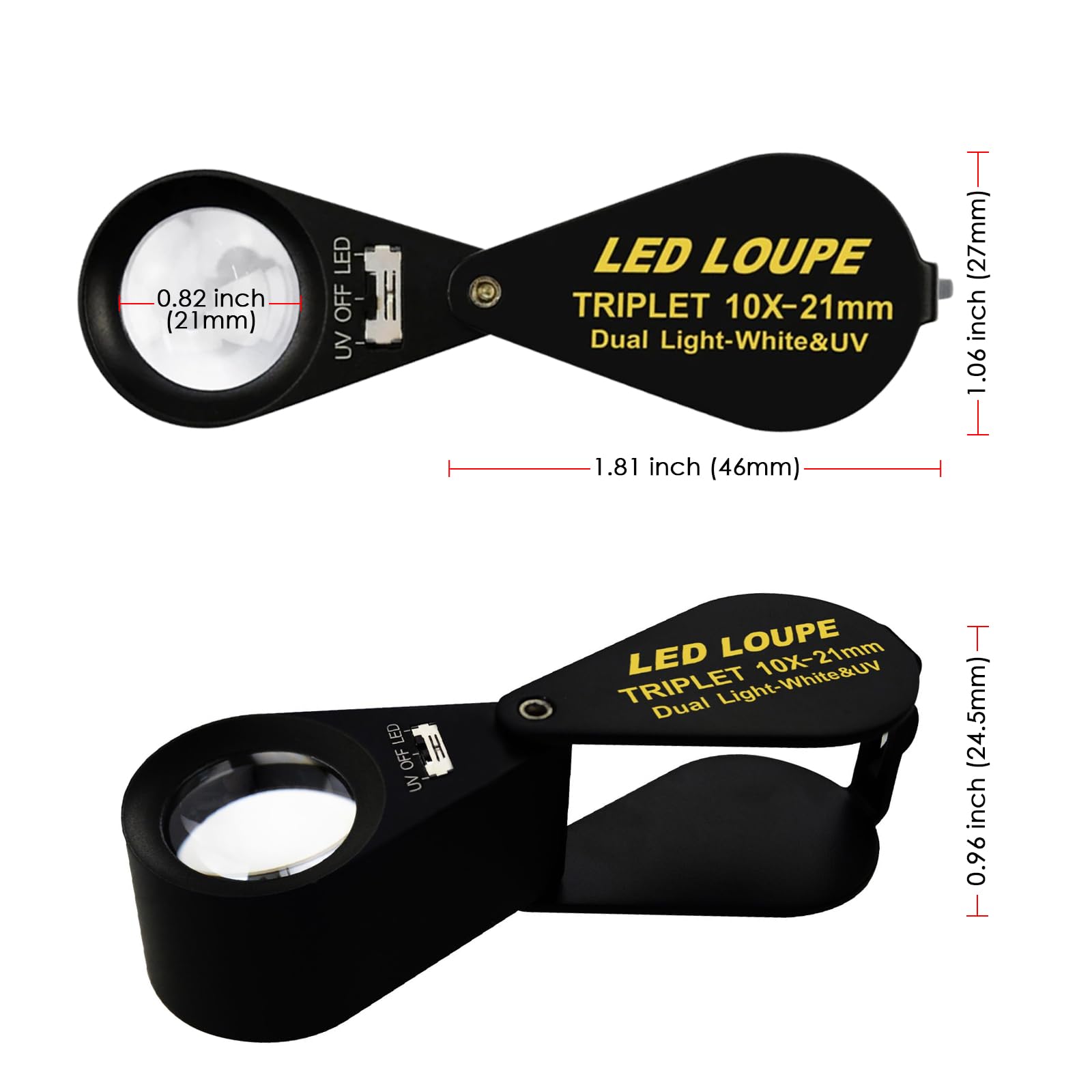 10x Magnifier Jewelry Loupe LED UV 21mm Triplet Lens Optical Glass Pocket Gem Magnifying Tool Jeweler, Stamp Philatelist, Coin Numismatic