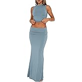 2 Piece Skirt Sets for Women Summer Sleeveless Tank Crop Top Fold Over Bodycon Maxi Long Skirts Y2K Vacation Outfits
