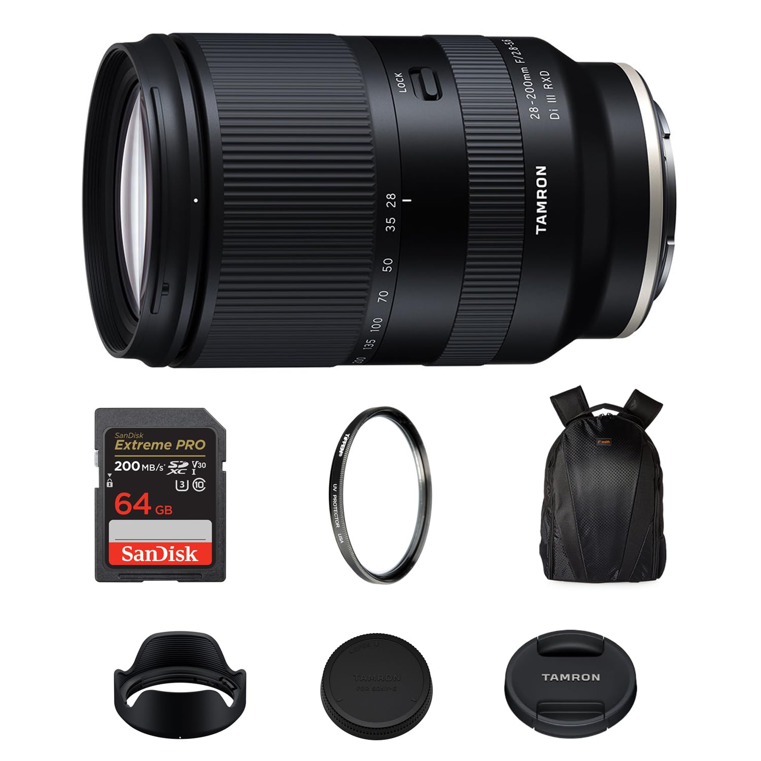 Tamron 28-200mm f/2.8-5.6 Di III RXD Lens (Sony E) with Wide-to-Tele Zoom & f/2.8 Aperture, 64GB Extreme PRO SDXC Card with 200MB/s Read Speed, Tiffen 67mm UV Filter & Camera Backpack Bundle Kit