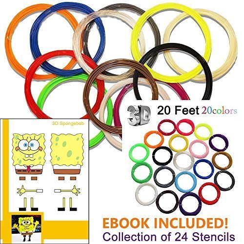 Kuman 3D printer Pen Filament Refills - ABS 1.75mm Filament Fun Sampler Pack of 20 Different Colors in 20 Foot Lengths-including 3D Sencils ebook (ABS Material)
