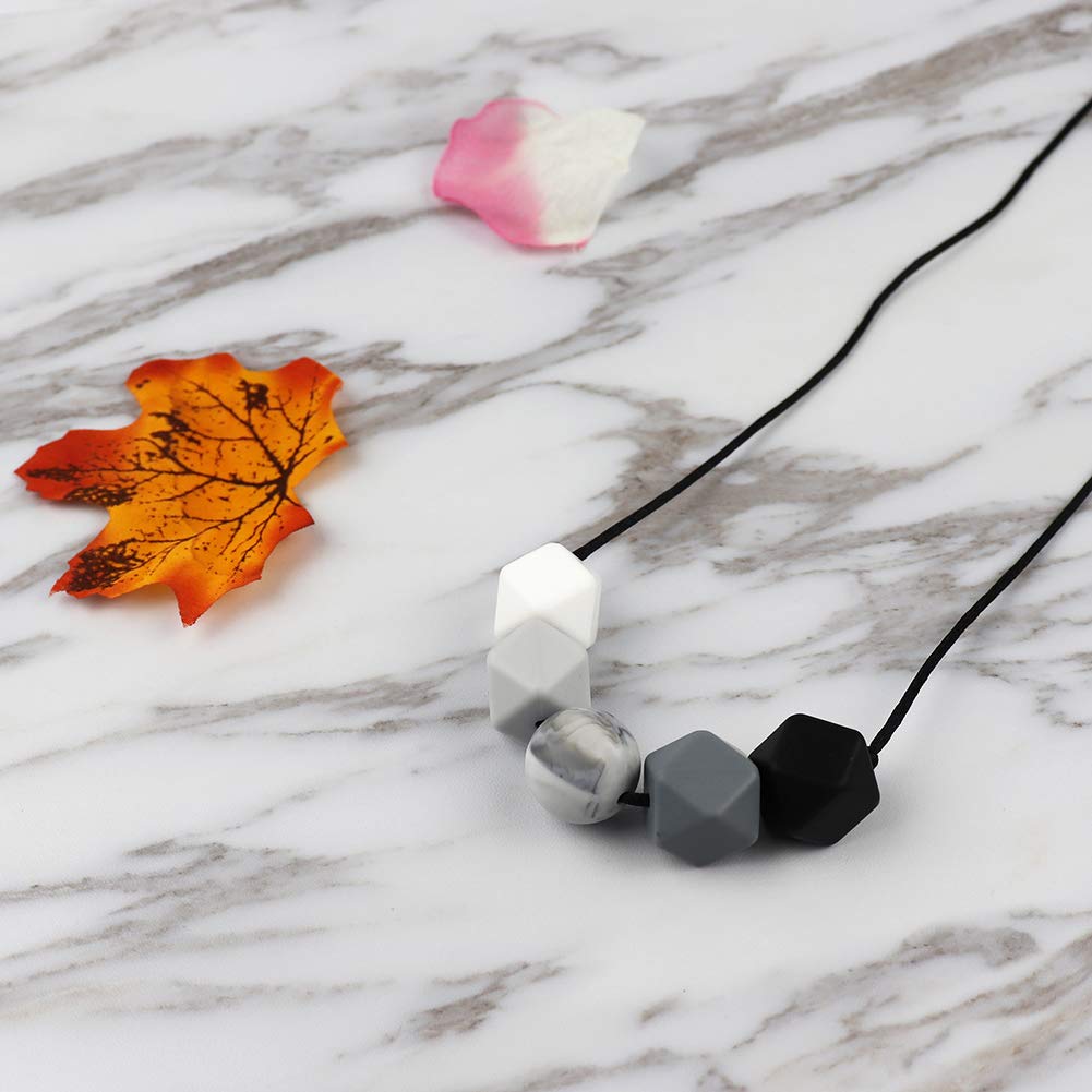 KEFU Teething Necklace for Mum,Silicone Baby Teether Necklace for Breastfeeding Nursing Handmade,Nursing Jewellery,100% BPA Free (Black and White Gray Match)