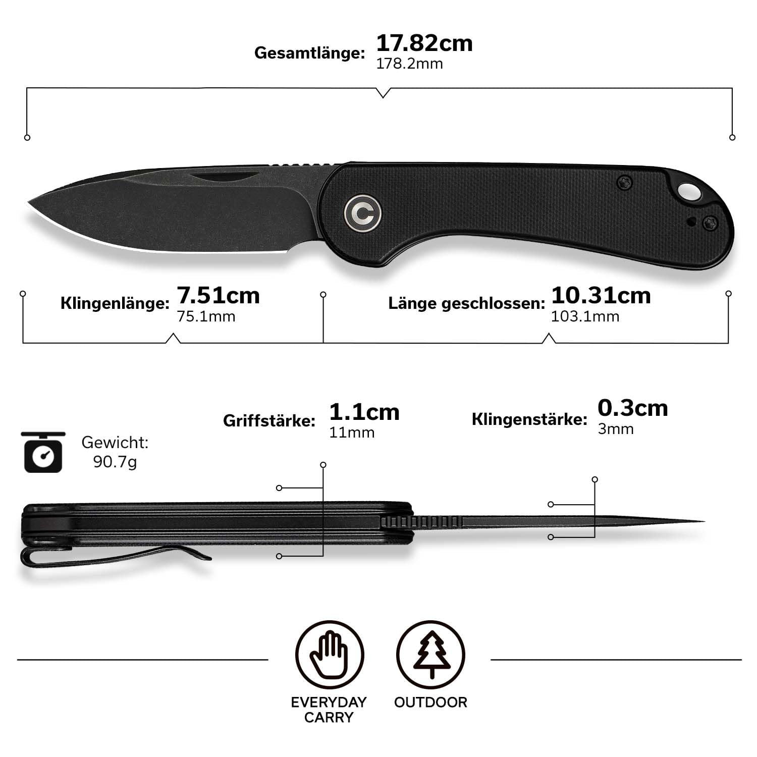 CIVIVI Elementum Slip Joint Taschenmesser Klappmesser 7,52 CM 14C28N Klinge G-10 Griff, Outdoor EDC-Messer C18062AJ-1 (Schwarz) 4