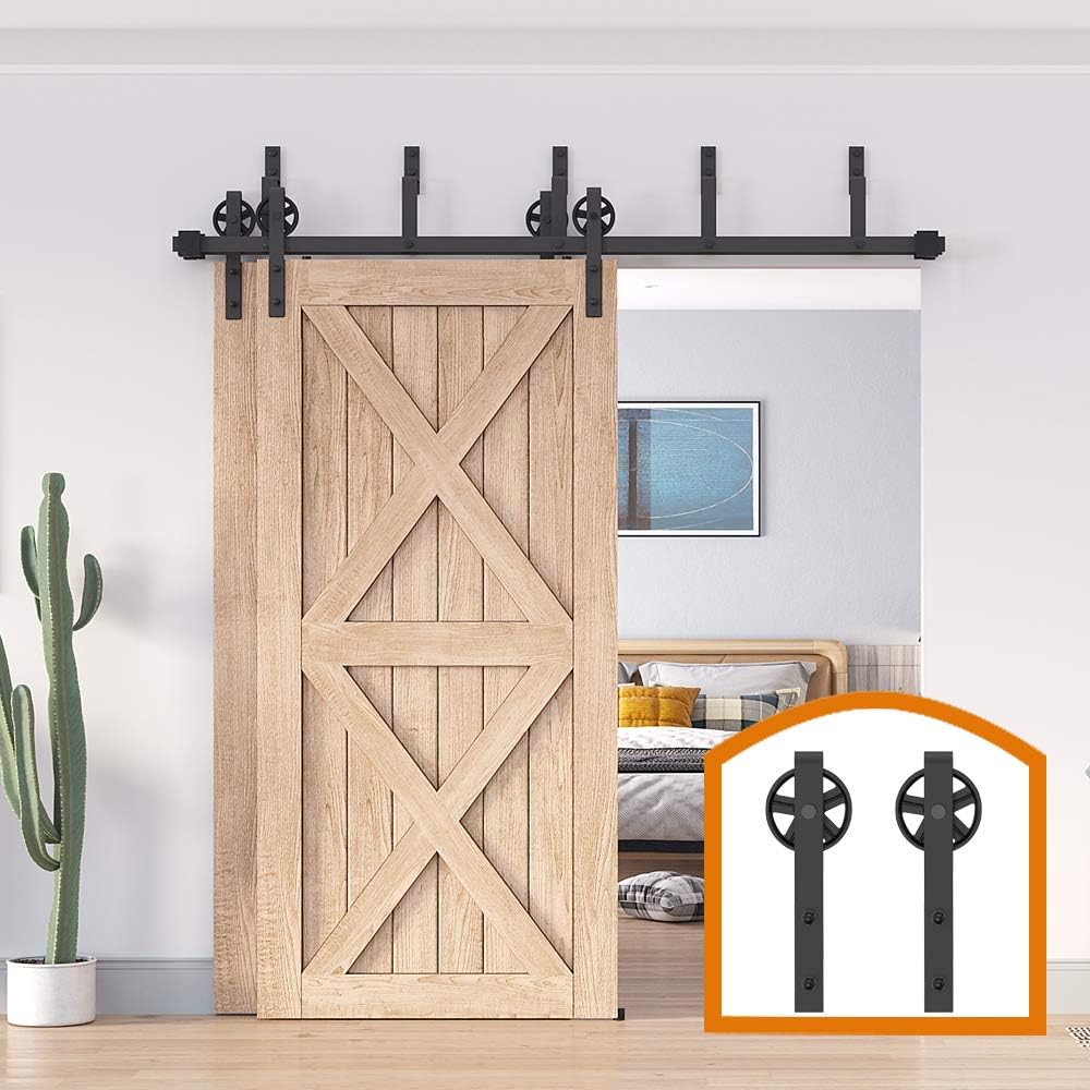 ZEKOO 5-18 FT Bypass Barn Door Hardware for Double Barn Door, Barn Door Track for Sliding Closet Door, Heavy Duty Double Bypass Barn Door Kit Big Black Spoke Hangers (7.5FT Bypass Double Door Kit)