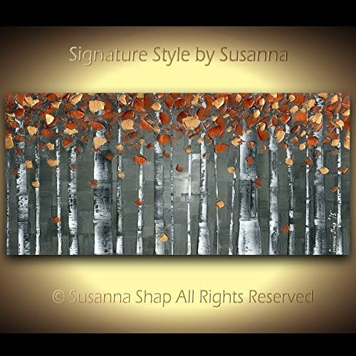 Landscape Birch Tree Art Wall Art Abstract Print (no texture) Modern Art Gray Orange Copper Canvas Art by Susanna -stretched canvas ready to hang, see drop-drown at top right of page for SIZES/Prices
