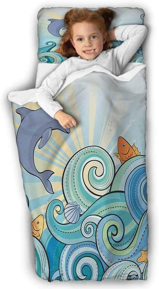 Sea Animals Toddler Rolled Nap Mat Cartoon Dolphin Fish Starfish Shells Lights in Ocean Marine in Summer Pattern for Daycare and Preschool Multicolor 50X20 INCH