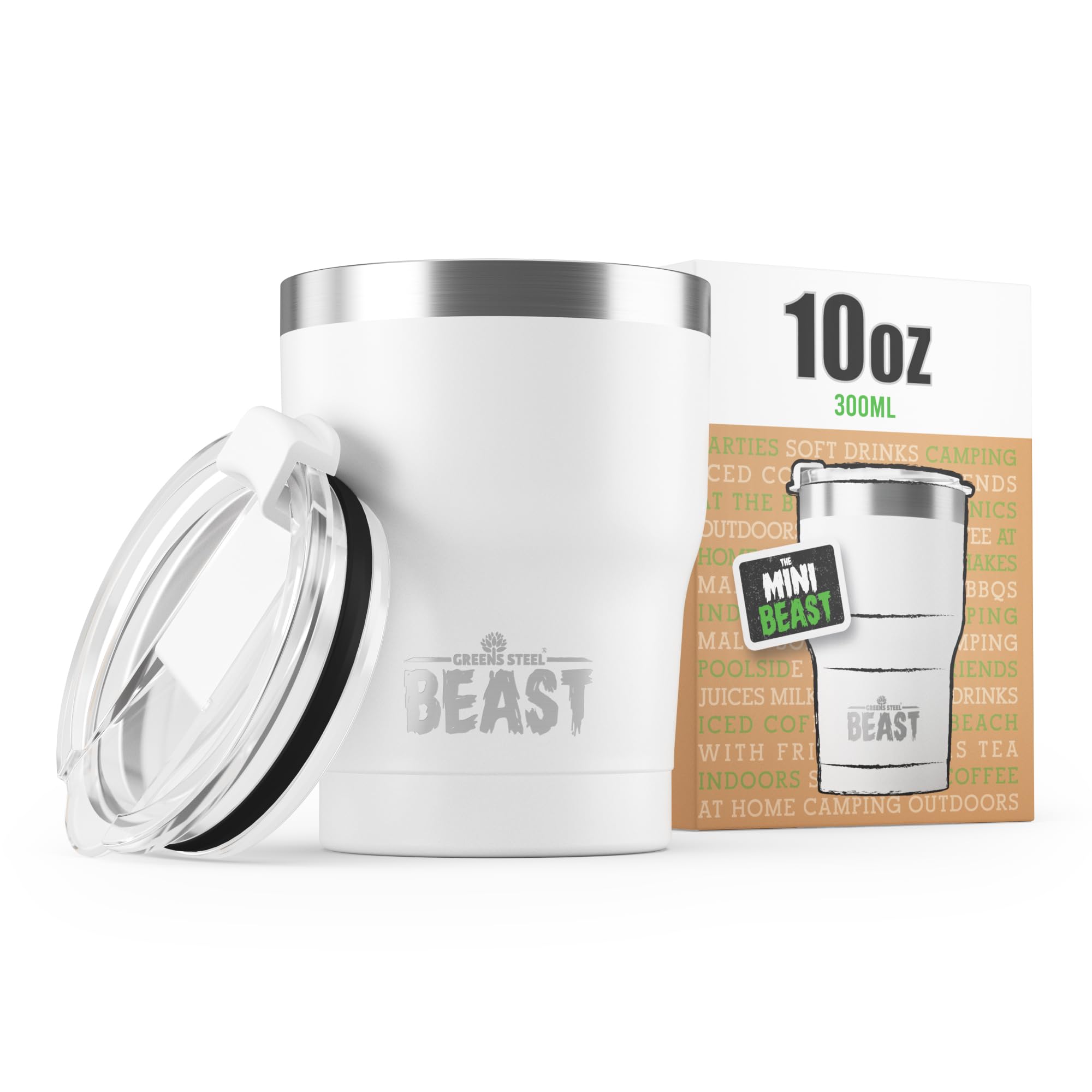 Beast Tumbler - 300 ml (10 oz), White | Reusable Stainless Steel, Vacuum Insulated Cup | Double Wall Travel Flask Perfect for Hot or Iced Coffee | BPA Free