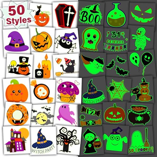 Partywind Glow Halloween Kids Party Decorations, Individually Cut Halloween Tattoos for Trick or Treat Party Supplies, Halloween Goodie Bag Stuffers Fillers (50 Styles)
