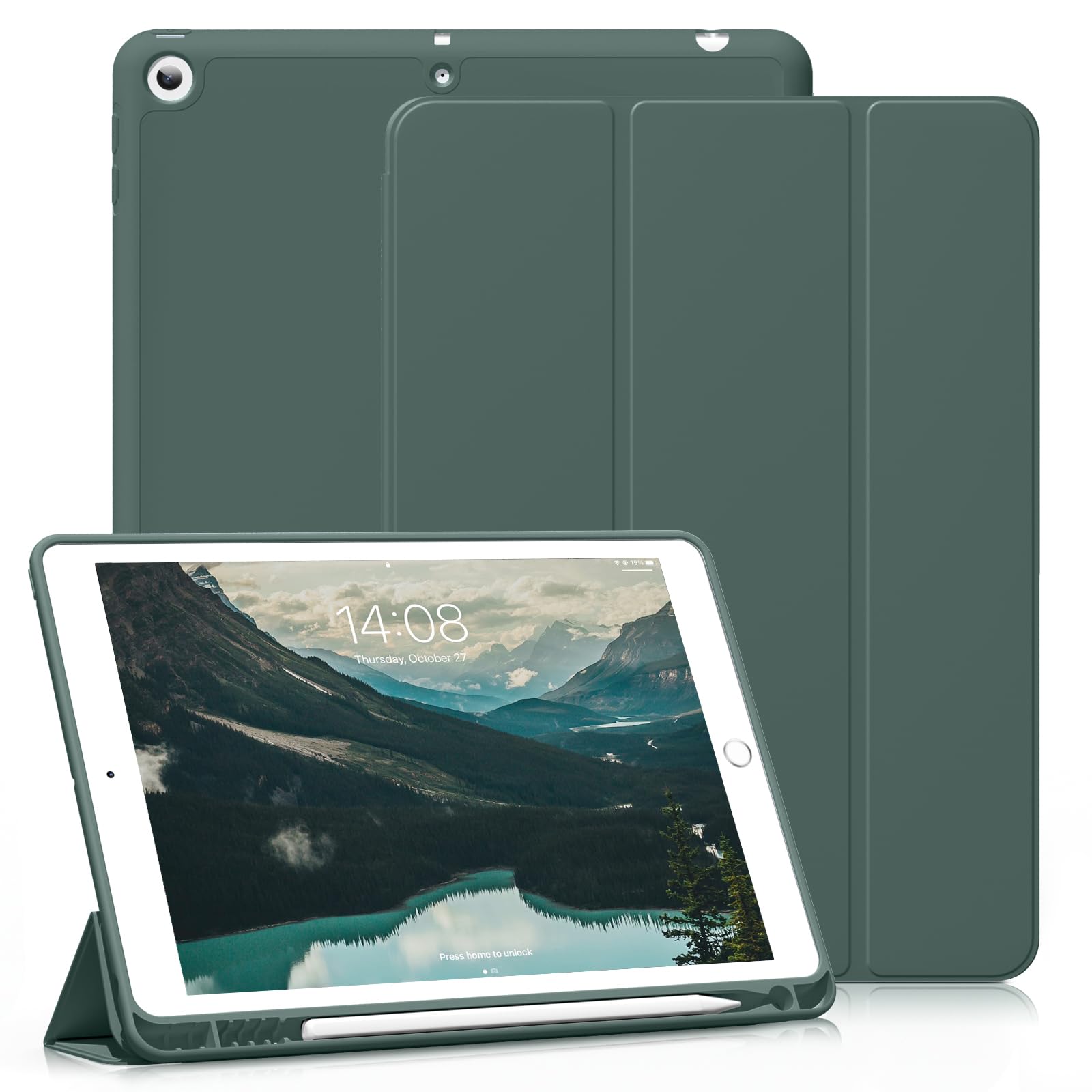 ZOYU Case for iPad 6th Generation 2018 / 5th Gen 2017 9.7 Inch with Pencil Holder, Slim Lightweight Smart Trifold Stand Protective Cover, TPU Soft Silicone Magnetic Auto Sleep/Wake, Dark Green — image 1
