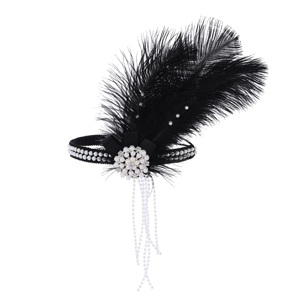 IYOU 1920s Flapper Headband Black Feather Great Gatsby Headpiece Pearl Tassel Vintage Festival Wedding Hair Accessories for Women