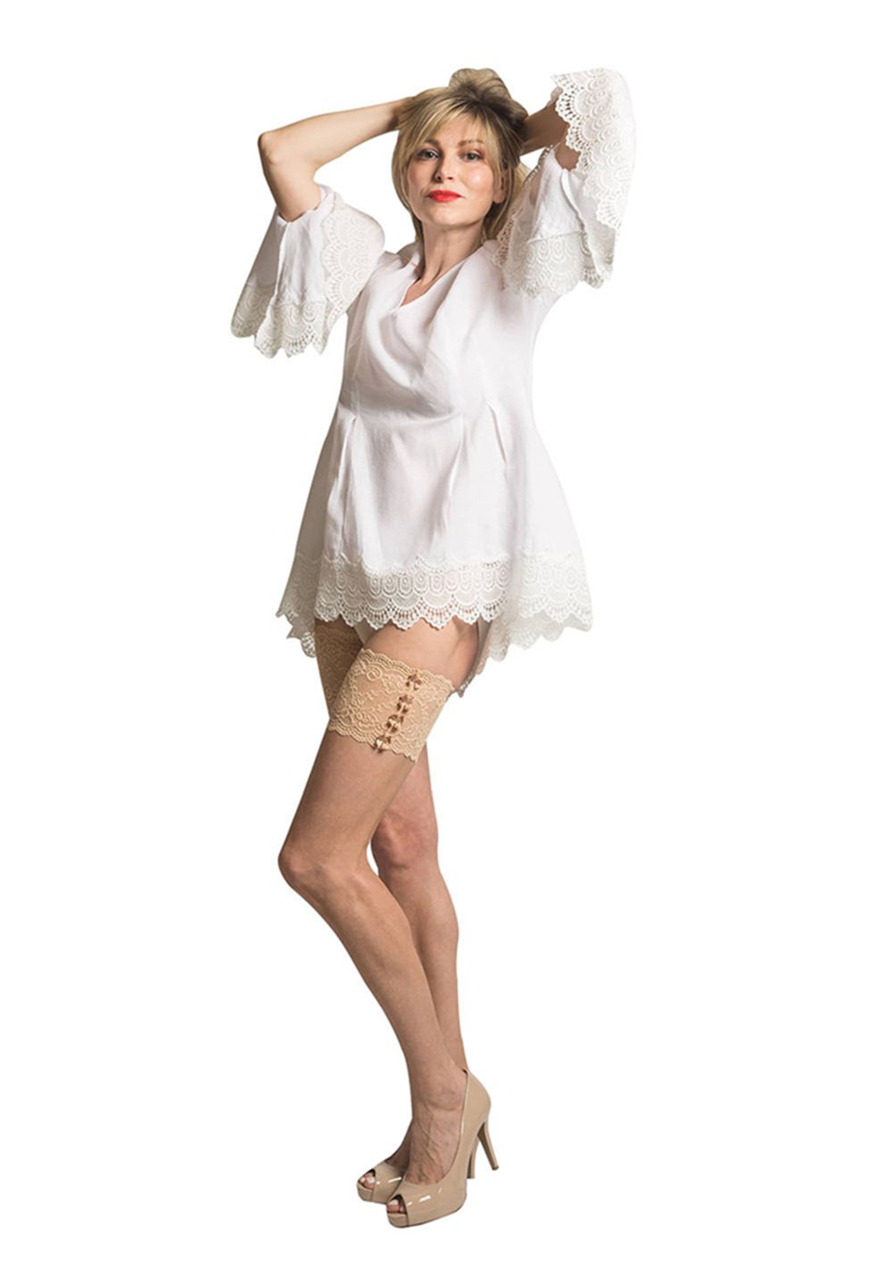 CREE Women Sexy Lace Anti-Chafing Thigh Bands with Bowknots - Prevent Inner Thigh Chafing with No-Slip Silicone FLESH-D