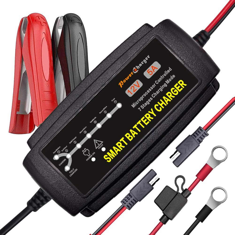 12V 5A Smart Car Battery Charger, Automatic Portable Battery Maintainer and Trickle Charger Fast Charging for Motorcycle Truck Marine Boat Lawn Mower SUV ATV RV SLA AGM GEL WET and More (black): Automotive