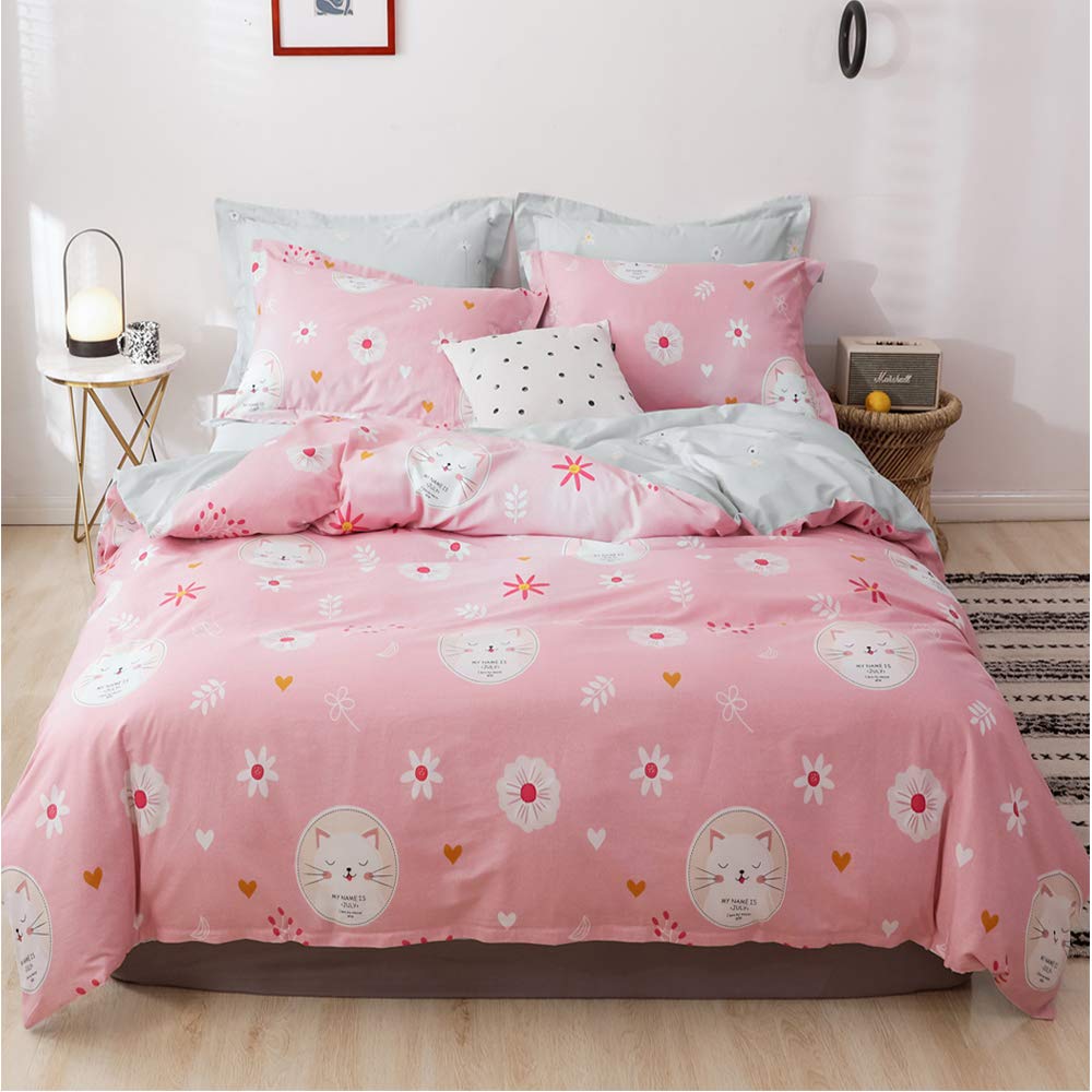 Soft Cotton Pink Cat Print Duvet Cover Set Twin Gray Kids Boys Cartoon Bedding Sets 3 Pieces Reversible Cotton Comforter Cover Twin with Zipper Closure for Children Teen Animal Bedding Collection