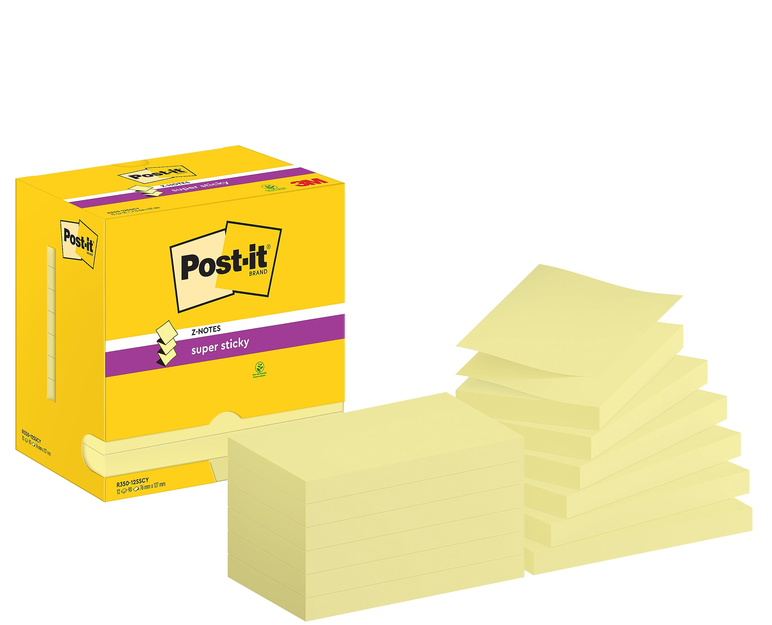 Post-it Super Sticky Z-Notes, 1080 Sheets, Value Pack of 12 Pads, 76 mm x 127 mm - Holds Strong to Many Surfaces - Canary Yellow - for Walls, Monitors and Fridge, Recycable