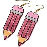 Pencil Crayon Shaped Acrylic Teach Drop Dangle Earrings for Women Handmade Teachers Appreciation Day Back to School Jewelry Paint Funny Creative Colorful