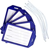5 Pack of Premium Rigid Airline Luggage Tag Holders with 6" Worm Loops - Heavy Duty Hard Plastic -Suitcase ID Tag Identifiers with Business Card Insert Window by Specialist ID (Navy Blue)