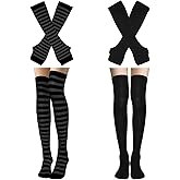 Gvhntk 2 Sets Womens Striped Knee Highs Socks Long Knitted Arm Warmers Fingerless Gloves Set for Cosplay Party