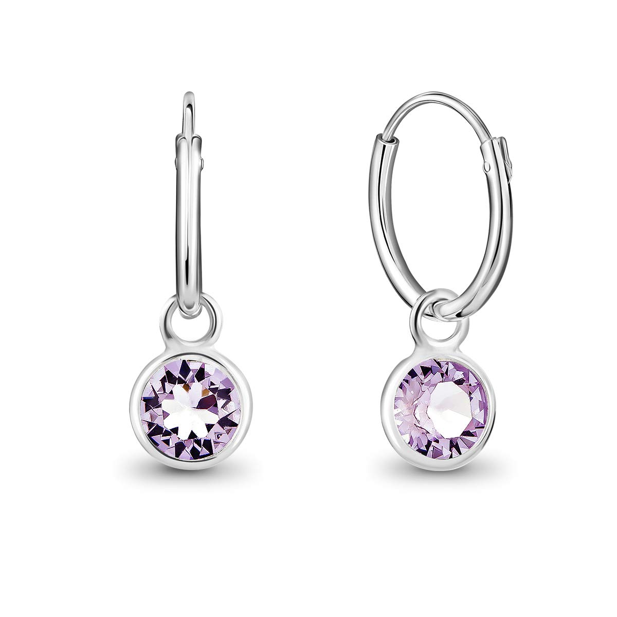 925 Sterling Silver Small Endless Hoops Earrings with Round Dangling Crystals 5 mm - Violet Earrings for Women - Thickness 1.5 mm - Outer Diameter: 14 mm