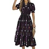 Wenrine Womens Summer Midi Dresses Casual Floral Short Puff Sleeve Ruffle V Neck Smocked Boho Beach Dress