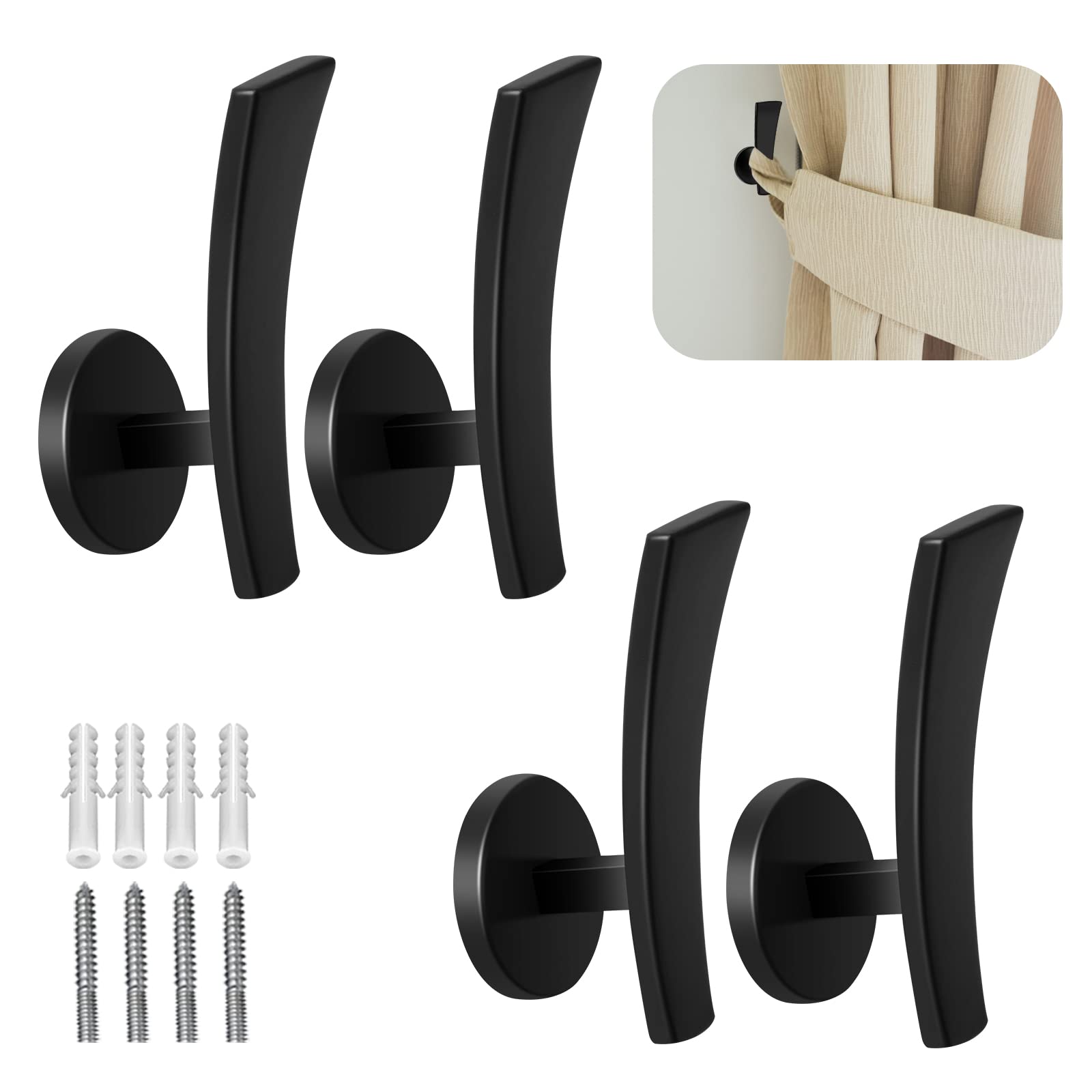 Curtain Holdbacks, 4Pack Black Metal Curtain Tie Backs Hooks Decorative Wall Mounted Curtain Hold Back Tiebacks Modern Drapery Arm Holdbacks Tassel Holder