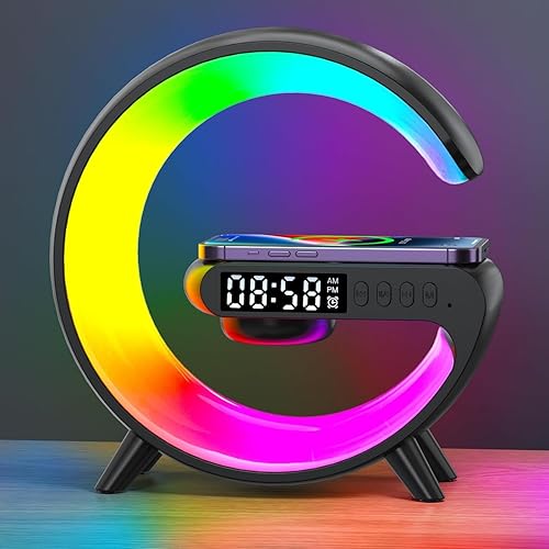 Domigard Wireless Speaker Charger Light, RGB Color Changing Atmosphere Lamp, G-Shaped Bedside Lamp Alarm Clock with Wireless Charger 5W for Bedroom, Birthday Gifts(Black-USB)