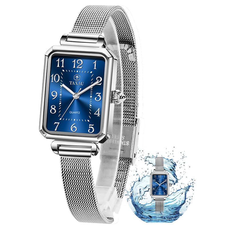 Taxau Damen Uhren Damenuhr Einstellbar Anspruchsvoll Damen Blaues Quadratisches Zifferblatt Kompakt Damenuhren Silberner Gurt Luxus Uhr Wasserdichtes Quarzwerk Watch for Women