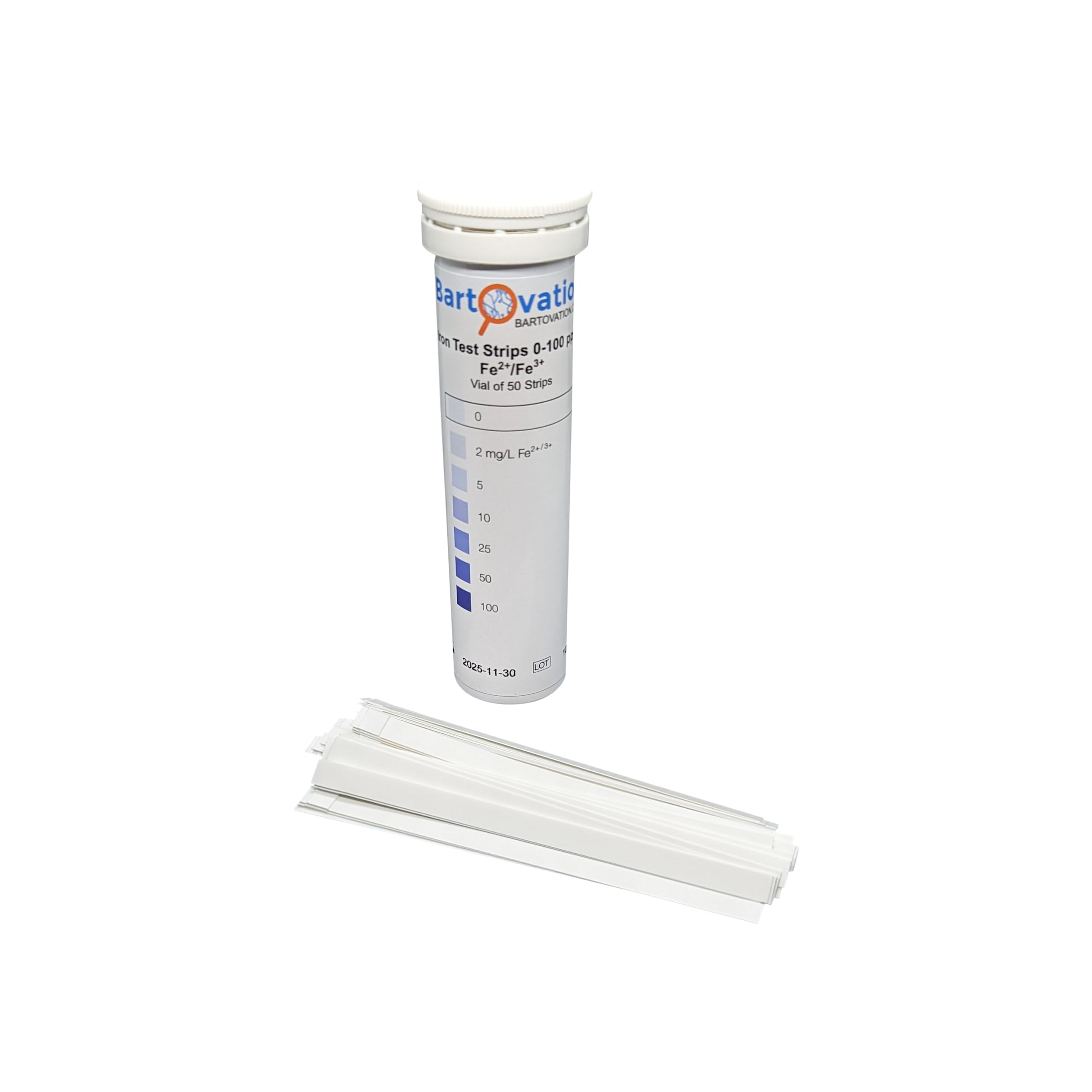 Bartovation Iron Test Strips for Measuring Fe2+ (Ferrous) or Fe3+ (Ferric) in Water, 0-100 ppm [Vial of 50 Strips]