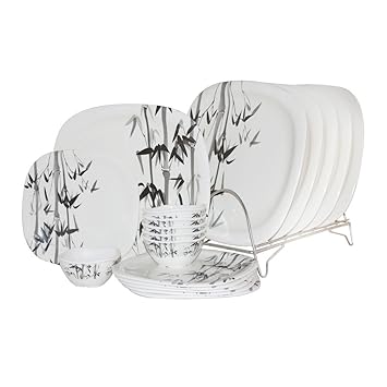 WHITE GOLD 18 PCS MELAMINE FULL DINNER SET CROCKERY - SQUARE - BAMBOO