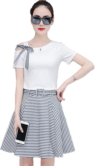 Amazon レディース セットアップ 2ピースブラウス 白シャツ ストライプ柄 スカート フレア 肩見せ ひざ上 K M ワンピース チュニック 通販