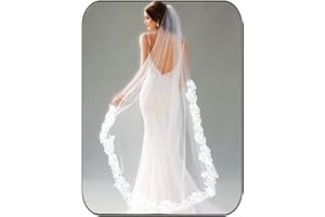Unsutuo Lace Bride Wedding Veil 1 Tier Floral Edge Bridal Tulle Veil with Comb for Women