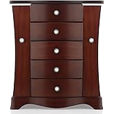 RR ROUND RICH DESIGN Jewelry Box - Made of Solid Wood with Tower Style 4 Drawers Organizer and 2 Separated Open Doors on 2 Sides and Large Mirror Brown