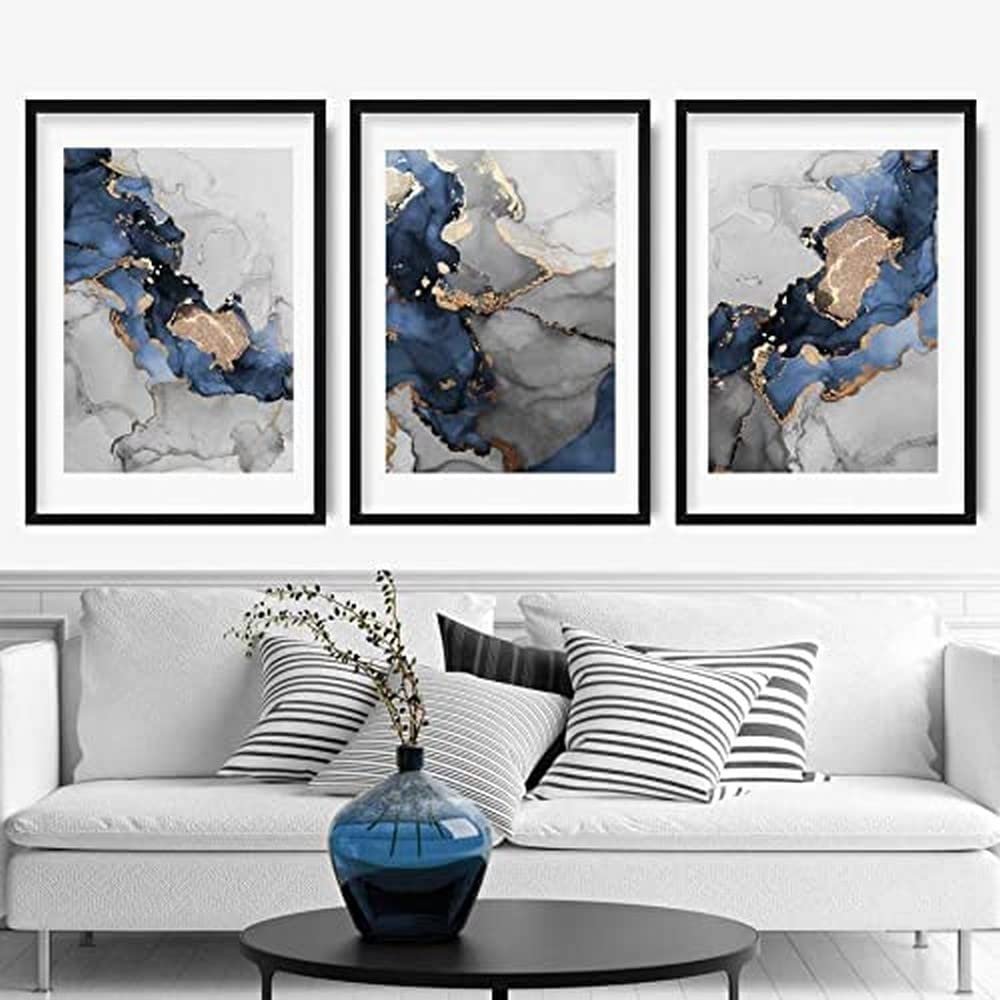 Artze Wall Art Abstract Art Print of Paintings 3-Piece Set, 30 cm Width x 40 cm Height, Navy Blue/Grey/Gold