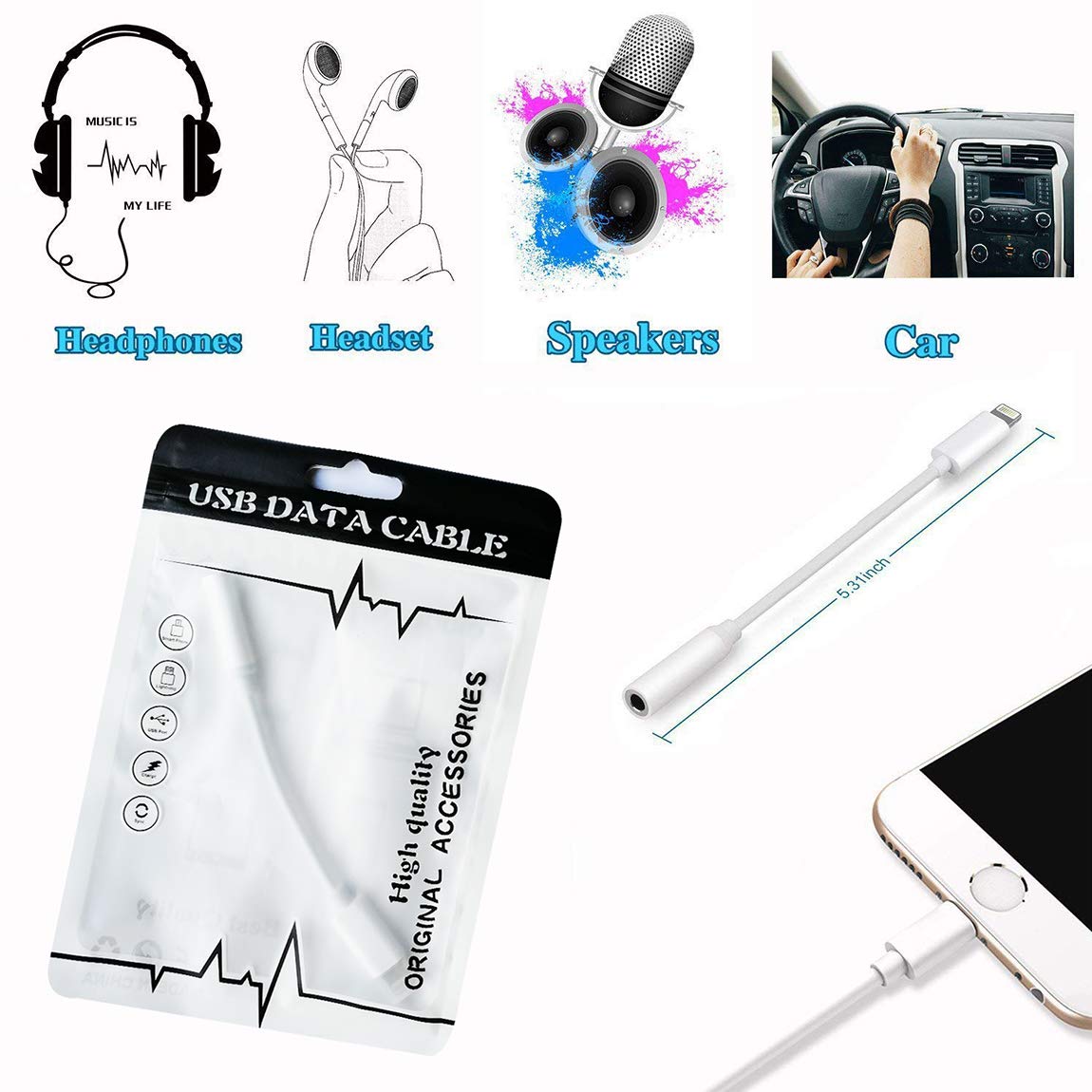 Adaptateur Casque pour iPhone 7 Adaptateur pour écouteurs 3,5 mm pour iPhone 7 7 Plus/8 8 Plus/X XS XR Adaptateur Prise Jack pour Casque Audio Splitter Câble AUX Jack Prise pour iOS 12