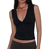 Women Deep V Neck Tops Sexy Sleeveless Crop Top Stretchy Trendy Going Out Tank Top Cute Summer Clothes