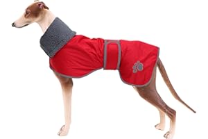 Geyecete Dog Winter Coat Greyhound Raincoat Fabric with Lamb Velvet Inside Outdoor Dog Apparel with Adjustable Bands for Medium, Large Dog-Red-M
