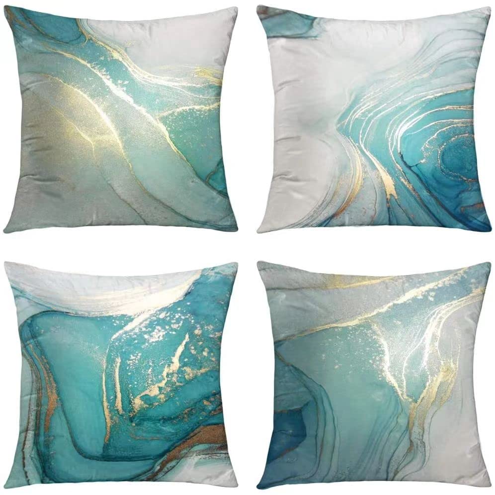 NDMMSO Set of 4 Cushion Covers 18x18 Inches Marble Texture Turquoise and Gold Silver Decorative Pillow Covers Luxury Abstract Fluid Art Ink Soft Velvet Square for Couch Sofa Cushion Covers 45x45cm