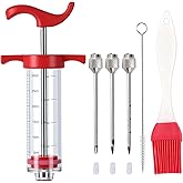 Turkey Injector Syringe Set for Seasoning, Plastic Meat Injectors for Smoking BBQ Grill, Marinade Injector Kit with 3 Stainless Steel Syringe Needles, Red 1 oz