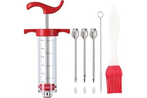 MIKIM Turkey Injector Syringe Set for Seasoning, Plastic Meat Injectors for Smoking BBQ Grill, Marinade Injector Kit with 3 Stainless Steel Syringe Needles, Red 1 oz