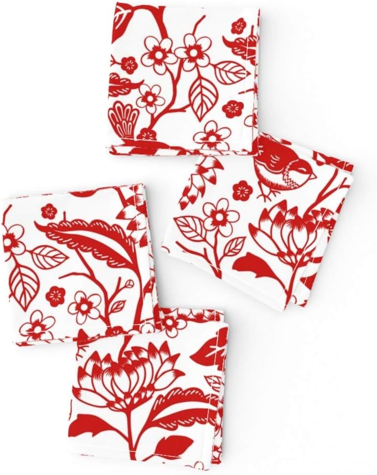 Roostery Cloth Cocktail Napkins, Chinoiserie Bird Garden Animal Botanical Monochromatic Red Spring Print, Linen-Cotton Canvas Cocktail Napkins, 10in x 10in, Set of 4
