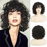 Kaneles Short Black Curly Bob Women Wigs with Bangs Shoulder Length Naturel Fluffy Synthetic Hair Wigs for Daily Party Halloween Use