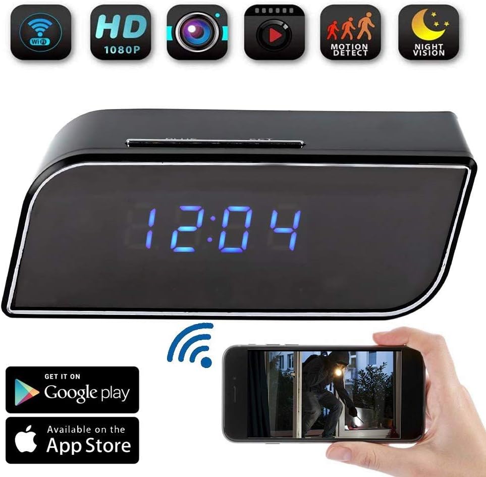 Wifi Camera Alarm Clock 1080P HD Spy Mini Camera Night Vision Clock LED Digital Alarm Clock Motion Detection Security for Home