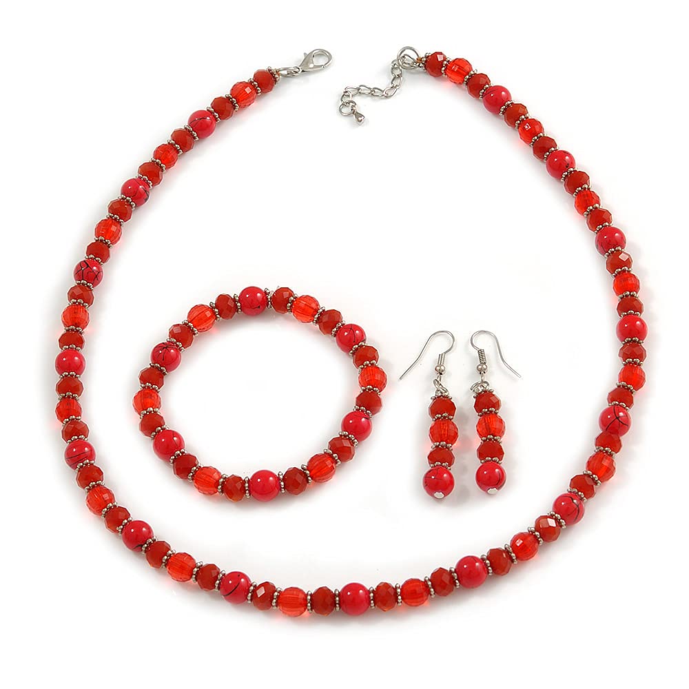 Avalaya Red Glass/Ceramic Bead with Silver Tone Spacers Necklace/Earrings/Bracelet Set - 48cm L/ 7cm Ext