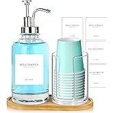 Ezebesta 17OZ Mouthwash Clear Glass Pump Dispenser with Disposable Mouthwash Cups Holder Refillable Clear Container with Bamboo Tray, Mouthwash Labels