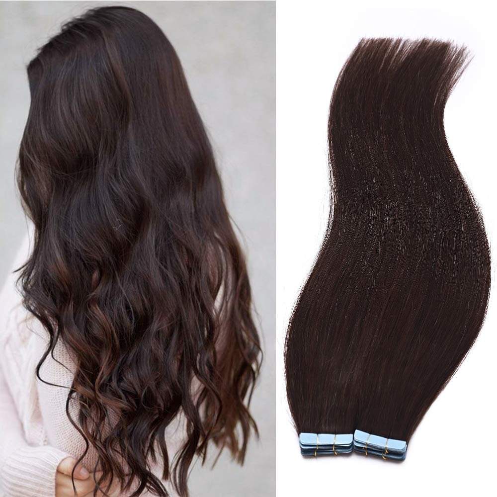 Tape in Hair Extensions Human Hair 24 inch Remy Human Hair Extension 40 PCS 100 gram #02 Dark Brown Skin Weft Seamless Long Straight