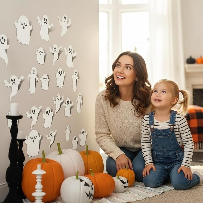 63 Peças Decoração de Fantasmas de Halloween Autocolantes 3D de Fantasmas de Halloween Brancos Ornamentos de Parede para Decorações de Parede Festa de Janela