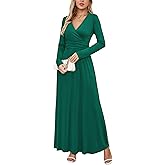 OUGES Women's Long/Short Sleeve V-Neck Wrap Waist Maxi Dress