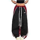 GORGLITTER Women's Baggy Track Pants Y2K Color Block Drawstring Barrel Parachute Pants High Waisted Streetwear Pant