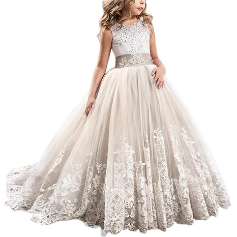 FYMNSI Mädchen Blumen Kleid Hochzeitskleid Brautjungfer Lange Abendkleid Spitzenkleid Partykleid Prinzessin Vintage Kleid Tül