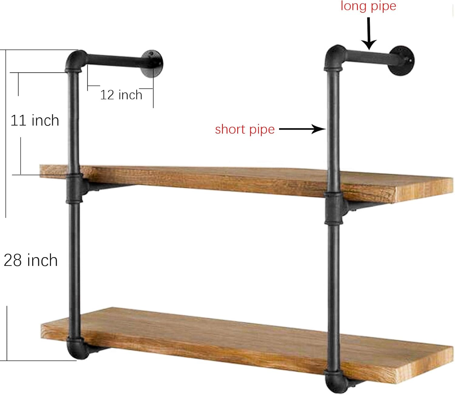 Yuanshikj 2Pc (28" Tall 12" deep,3/4") Industrial Wall Mount Iron Pipe Shelf Shelves Shelving Bracket Vintage Retro Black DIY Open Bookshelf Storage Office Room Kitchen (2 Pcs 3Tier Hardware Only): Kitchen & Dining