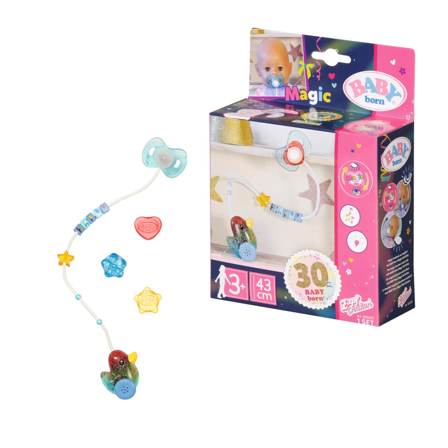 BABY Born Happy Birthday Interactive Magic Dummy 43 cm - Opens and Closes Doll's Eyes Includes Dummy and Colourful Chain - 830017, ['Heart', 'Flower', 'Star']